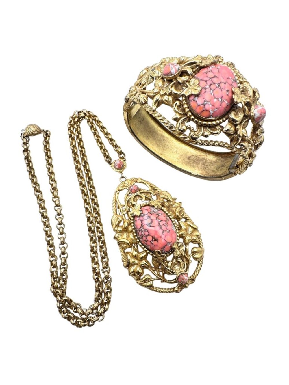 Antique Art Nouveau Czech Coral Peking Glass Gold Repousse Necklace Bracelet Set